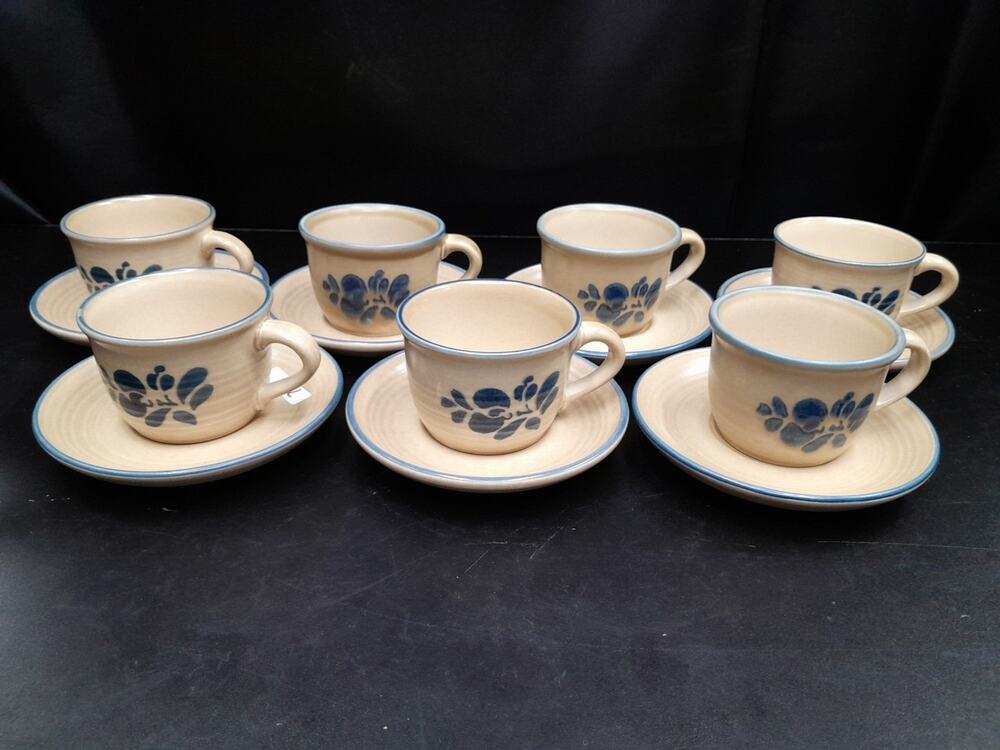 Coffee Mug Pfaltzgraff Folk Art Lot Of 7 Stoneware Blue Tan Vintage With Saucer